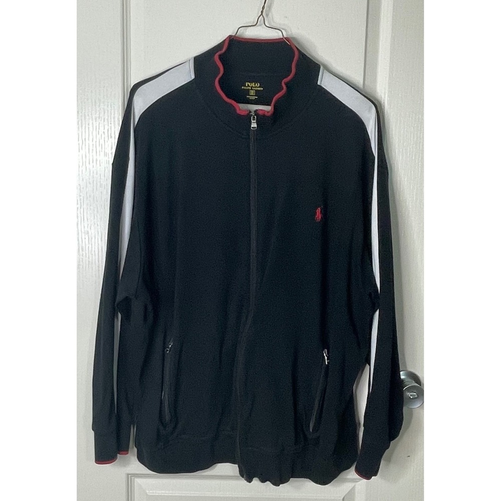 Polo Ralph Lauren Mens Track Jacket 3XL Black Full Zip White Stripe Pockets
